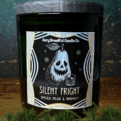 Silent Fright Luxury Crackling Wooden Wick Candle: Spiced Pear & Whiskey Scent - Gory Dreadful Candle Co