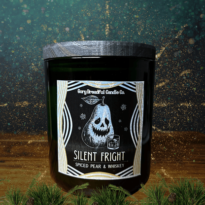 Silent Fright Luxury Crackling Wooden Wick Candle: Spiced Pear & Whiskey Scent - Gory Dreadful Candle Co