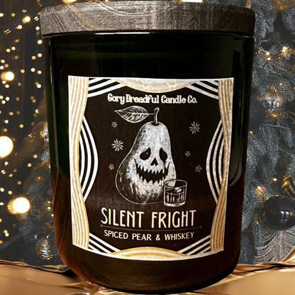 Silent Fright Luxury Crackling Wooden Wick Candle: Spiced Pear & Whiskey Scent - Gory Dreadful Candle Co
