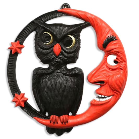 Retro Halloween Paper Mache Sinister Moon & Owl Wall Decor
