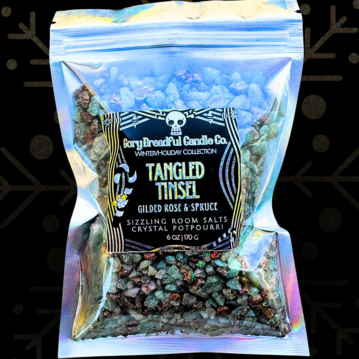 Tangled Tinsel Sizzling Room Salt Crystal Potpourri: GIlded Rose & Spruce Scent - Gory Dreadful Candle Co