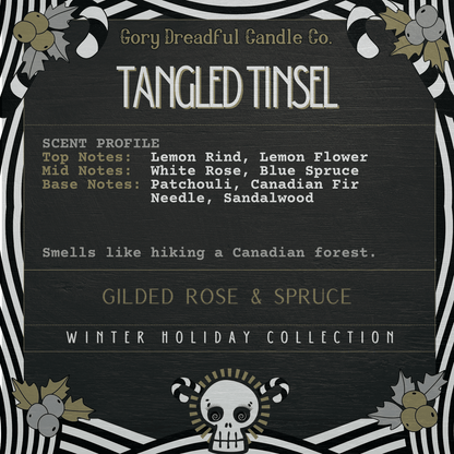 Tangled Tinsel Sizzling Room Salt Crystal Potpourri: GIlded Rose & Spruce Scent - Gory Dreadful Candle Co