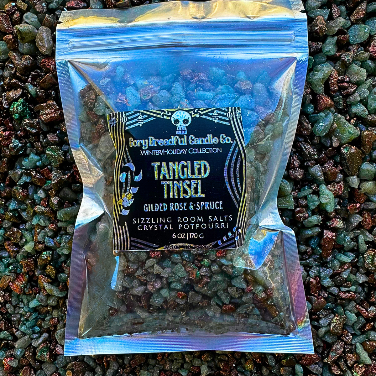 Tangled Tinsel Sizzling Room Salt Crystal Potpourri: GIlded Rose & Spruce Scent - Gory Dreadful Candle Co