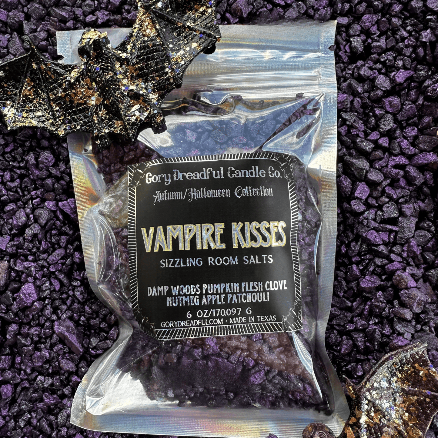 VAMPIRE KISSES Sizzling Room Salt Crystal Potpourri: Damp Woods Pumpkin Flesh Clove Nutmeg Apple Patchouli Scent - Gory Dreadful Candle Co