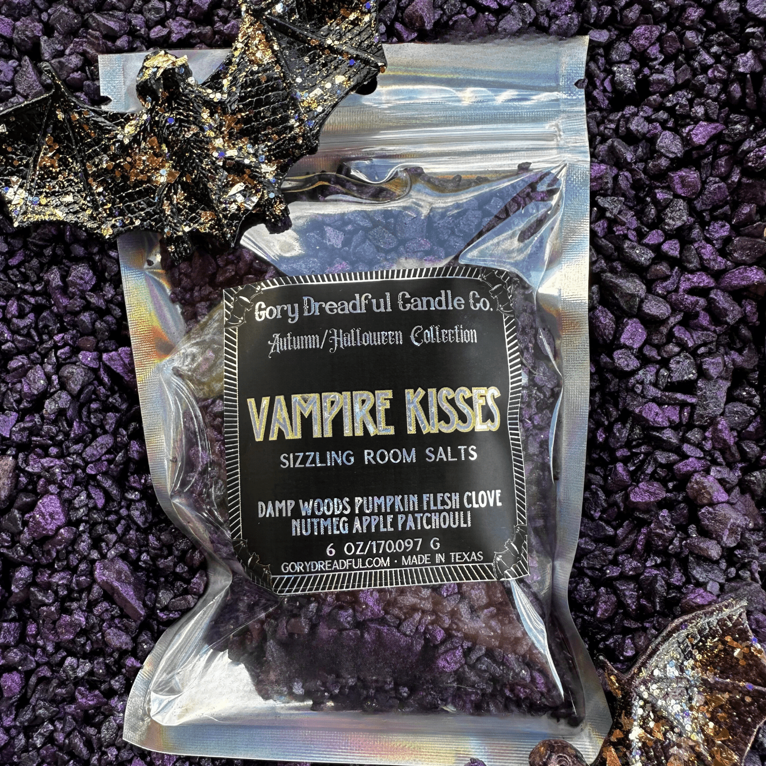 VAMPIRE KISSES Sizzling Room Salt Crystal Potpourri: Damp Woods Pumpkin Flesh Clove Nutmeg Apple Patchouli Scent - Gory Dreadful Candle Co