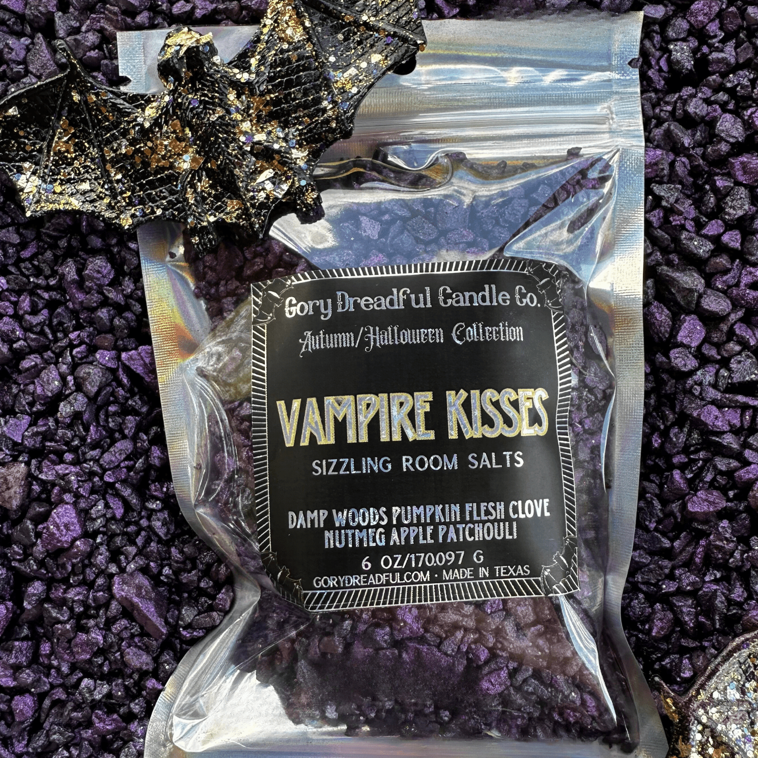 VAMPIRE KISSES Sizzling Room Salt Crystal Potpourri: Damp Woods Pumpkin Flesh Clove Nutmeg Apple Patchouli Scent - Gory Dreadful Candle Co