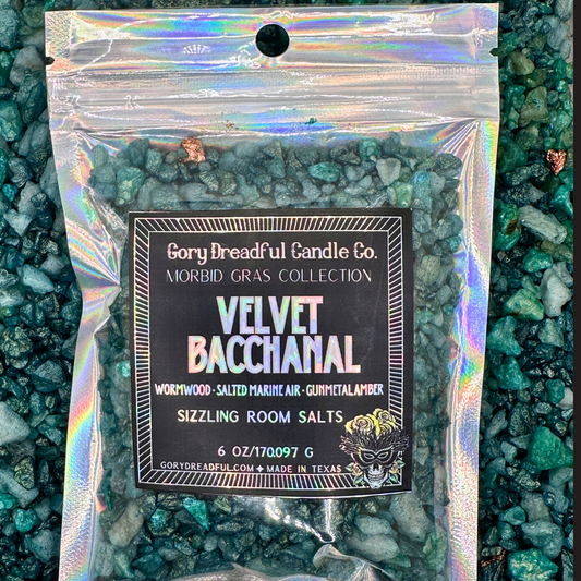 VELVET BACCHANAL Sizzling Room Salt Crystal Potpourri: Wormwood · Salted Marine Air · Gunmetal Amber Scent - Gory Dreadful Candle Co