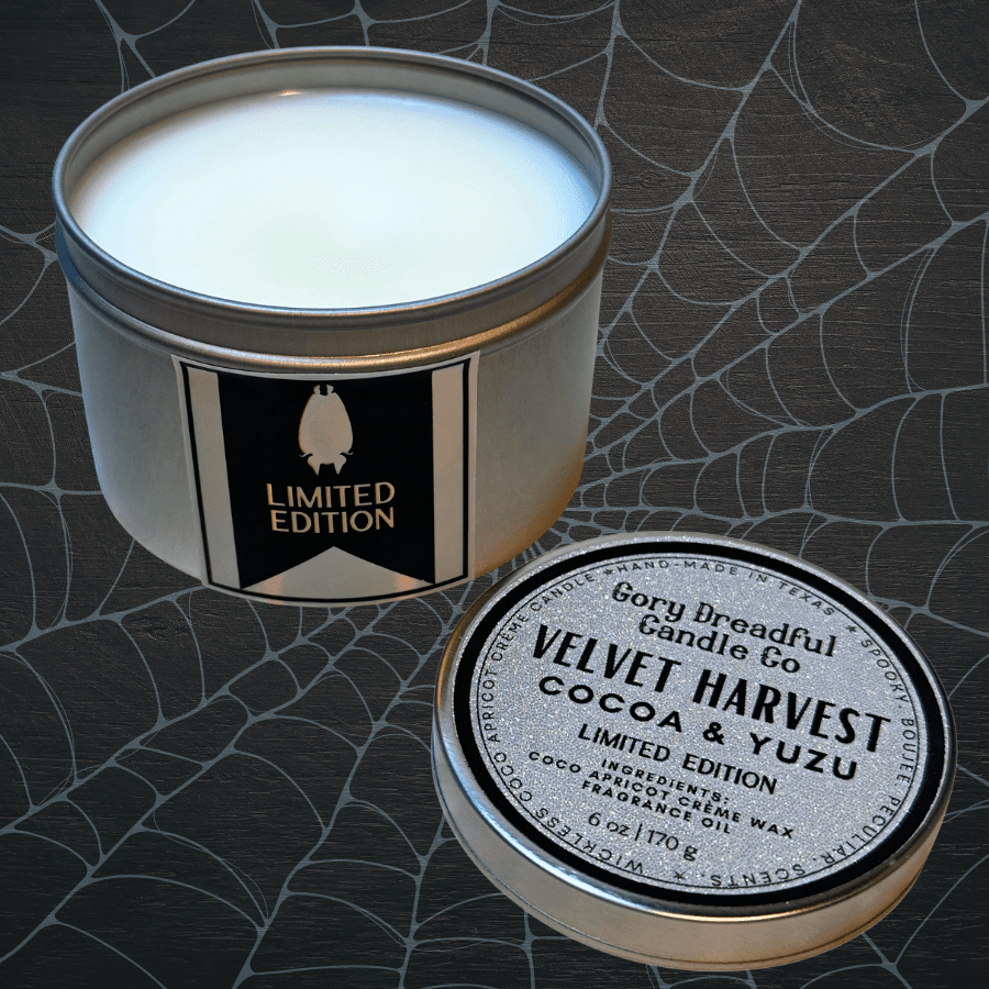 VELVET HARVEST Wickless Candle Tin: Cocoa & Yuzu Scent - Limited Edition - Gory Dreadful Candle Co