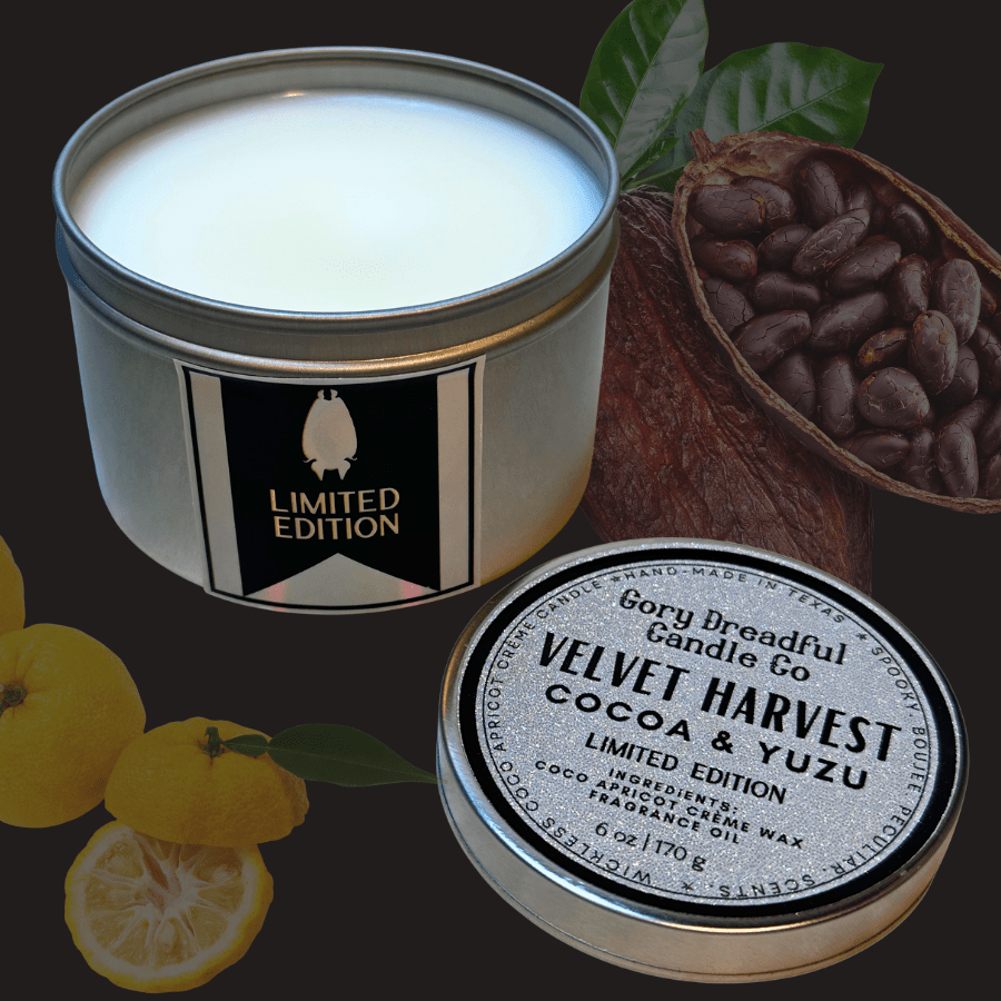 VELVET HARVEST Wickless Candle Tin: Cocoa & Yuzu Scent - Limited Edition - Gory Dreadful Candle Co