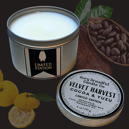 VELVET HARVEST Wickless Candle Tin: Cocoa & Yuzu Scent - Limited Edition - Gory Dreadful Candle Co