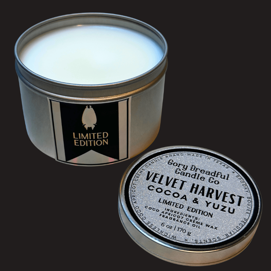VELVET HARVEST Wickless Candle Tin: Cocoa & Yuzu Scent - Limited Edition - Gory Dreadful Candle Co
