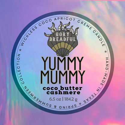 YUMMY MUMMY Luxury Wickless Candle 6.5 oz: Cocoa Butter Cashmere Scent - Gory Dreadful Candle Co
