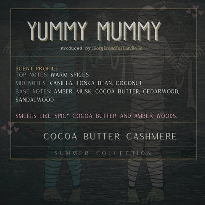 YUMMY MUMMY Luxury Wickless Candle 6.5 oz: Cocoa Butter Cashmere Scent - Gory Dreadful Candle Co