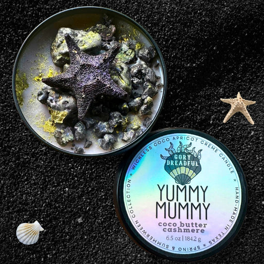 YUMMY MUMMY Luxury Wickless Candle 6.5 oz: Cocoa Butter Cashmere Scent - Gory Dreadful Candle Co